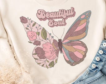 Mariposa boho png, diseños de sublimación de mariposas retro, alma hermosa, mariposa floral png, hippie png, png retro, sublimación hippie