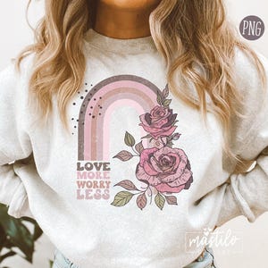 Love More Worry Less png, bohosublimatie png, boho regenboog png, retrosublimaties, retro bloem png-ontwerp, boho T-shirtontwerpen, regenboog