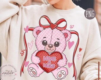 Miś walentynkowy PNG | Uroczy miś z motywem miłości i uścisków | Pastelowy romantyczny wzór sublimacji | Grafika walentynkowa