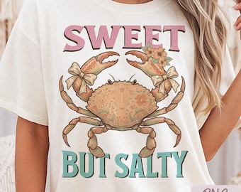 Sweet But Salty Crab PNG Design | Coquette Coastal Aesthetic | Boho Beach Sublimation Print | Cute Summer Sea Life PNG