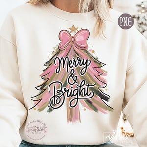 Colorful Christmas Tree PNG, Hand drawn doodle Png, Brush strokes Coquette Pink Bow Faux glitter Gold Festive Ornament Art, Merry and Bright