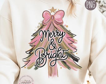 Colorful Christmas Tree PNG, Hand drawn doodle Png, Brush strokes Coquette Pink Bow Faux glitter Gold Festive Ornament Art, Merry and Bright