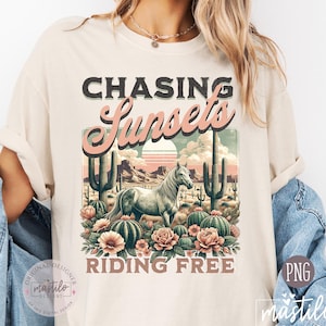 Chasing Sunsets PNG western paard sublimatie ontwerp woestijn cactus retro T-shirt grafische land rijden gratis wilde westen afdrukbare clipart