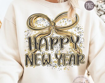 Szczęśliwego Nowego Roku PNG | Złoty Brokatowy Kokardka Noworoczna Clipart | Projekt Koszulki na Imprezę Sylwestrową | Sublimacja na Uroczystość