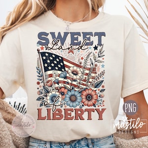 Design de sublimação floral patriótico, Doce Terra da Liberdade PNG, Bandeira dos EUA com clipart de fogos de artifício, Gráfico de camisa vintage de 4 de julho