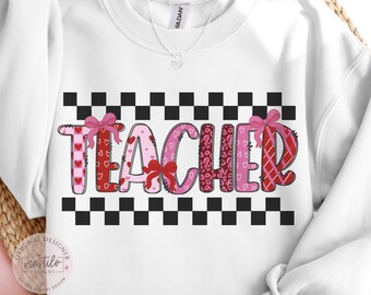 Nauczycielka walentynkowa PNG | Uroczy wzór serduszek nauczycielki-kokietki | Clipart na koszulce nauczyciela w stylu preppy | Sublimacja walentynkowa