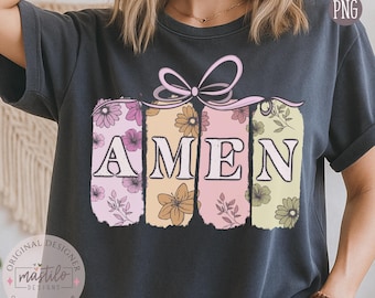 Kokietka AMEN PNG | Pastelowy kwiatowy wzór wiary | Chrześcijańska grafika na koszulce wielkanocnej | Dziewczęca duchowa sublimacja