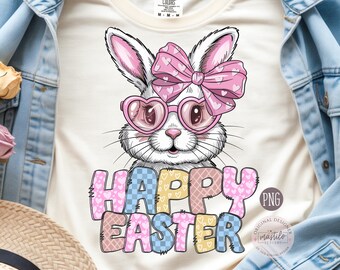 Preppy Easter Bunny PNG | Pastelowa dziewczęca kokietka, wesoła grafika wielkanocna | Projekt koszulki wielkanocnej dla dziewczynek i dzieci | Wiosenny projekt sublimacji świątecznej