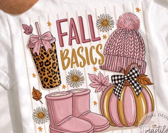 Fall Basics Coquette PNG | Preppy Cute Autumn Essentials Design | Pink Pumpkin Boots Coffee Aesthetic | Trendy Fall Shirt PNG