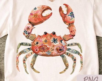 Floral Crab PNG Design | Boho Coastal Watercolor Art | Beach Summer Sublimation Print | Cute Sea Life PNG