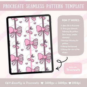 May include: A digital tablet screen displays a seamless pattern template featuring pink bows, cherries, and small hearts on a white background with vertical stripes. Text includes PROCREATE SEAMLESS PATTERN TEMPLATE, HOW IT WORKS, and Works with Procreate.