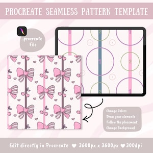May include: A Procreate seamless pattern template file featuring a digital tablet displaying a layout guide with numbered circles and lines. A square sample pattern shows pink bows, cherries, and hearts on a white background. Text includes 3600px x 3600px 300dpi.