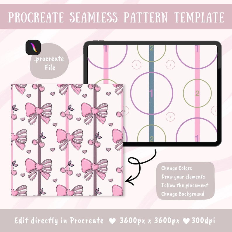 May include: A Procreate seamless pattern template file featuring a digital tablet displaying a layout guide with numbered circles and lines. A square sample pattern shows pink bows, cherries, and hearts on a white background. Text includes 3600px x 3600px 300dpi.