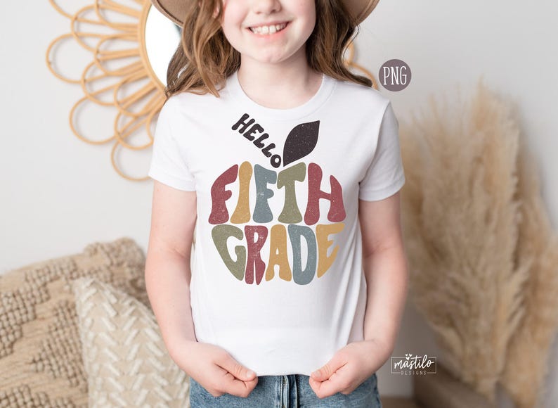 Hello Fifth Grade T-shirt Sublimation Png, Retro School Png, Back to School Sublimation Designs, Back to School Png, First day of School Png image 1