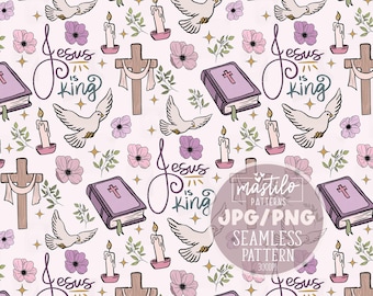 Christian Seamless Pattern, Christian Easter Seamless Design, Jesus Is King Seamless, Christian Girl Seamless Repeating Background