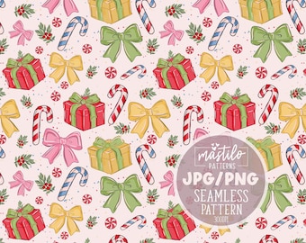 Przytulny, świąteczny, bezszwowy wzór PNG | Świąteczne kokardy i laski cukrowe | Świąteczne tło do rękodzieła i sublimacji | Cyfrowy papier świąteczny