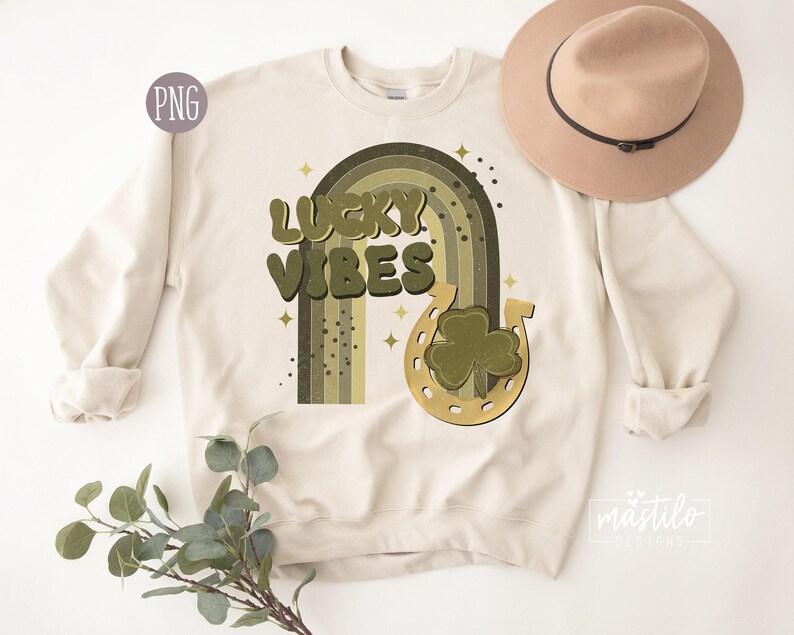 Lucky Vibes PNG, St Patrick's Boho PNG, Boho Rainbow PNG, Sublimacja Świętego Patryka, Shamrock PNG, Horseshoe PNG, Irlandzki wzór sublimacji zdjęcie 3