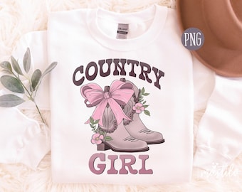 Country Girl Png, Stivali da cowgirl western png, Coquette png, Fiocco rosa, Aesthetic Png, Western Coquette png, Design maglietta Western Coquette