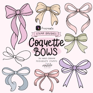 May include: A digital collection of 56 hand-drawn bow stamp brushes for Procreate. The image displays eight distinct bow illustrations in various pastel colors including pink, beige, green, blue, and purple, with the text Coquette BOWS.