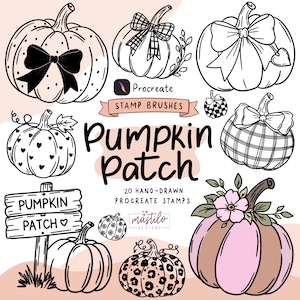 May include: A digital collection of Procreate stamp brushes titled Pumpkin Patch, featuring twenty hand-drawn black and white illustrations of pumpkins with various patterns, bows, and a wooden sign with the text Pumpkin Patch.