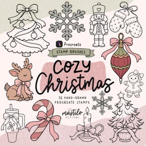 May include: A digital collection of Christmas-themed stamp brushes for Procreate, featuring illustrations of a tree, snowflake, nutcracker, mittens, reindeer, ornament, gingerbread person, mug, candy cane, candle, and text reading Cozy Christmas.