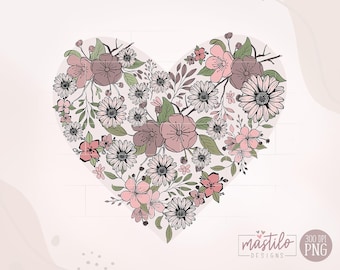 Boho Floral Heart PNG, Wildflower Sublimation Design (Digital Download)