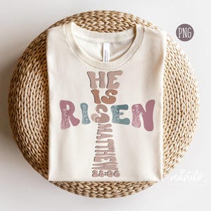 Er ist auferstandenes Kreuz PNG, Ostern Sublimationsentwürfe, Groovy Png, Retro Ostern Sublimation, Boho Ostern Png, trendige Png Christliche Shirt Designs