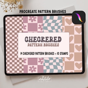 May include: A digital tablet screen displaying a set of 14 Procreate pattern brushes and 10 stamps. The brushes feature checkered patterns with different colours and designs, including pink, brown, blue, and white. The text "CHECKERED PATTERN BRUSHES" is displayed in a retro font.