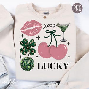 Kokette St. Patricks Day PNG, glückliches Png Png, Retro rosa Kleeblatt-Shirt, St. Pattys Tag, Kirsche Bogen Discokugel, glückliches irisches Mädchen Mama Png