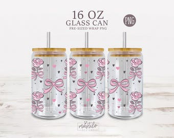 Valentine's Day Coquette 16oz Can wrap, Coquette Cup Wrap, Trendy Bows Glass Cup Wrap, 16 Glass Can Wrap, Pink Bows Girly Can PNG