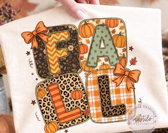 Fall Patchwork Letters PNG | Coquette Pumpkin Retro Boho Style | Cute Autumn Shirt Design for Women & Teachers | Thanksgiving Halloween
