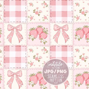 May include: Seamless pattern featuring a patchwork design with strawberries, bows, and floral elements in shades of pink and cream. The pattern includes gingham squares and the text "mastilo PATTERNS JPG/PNG SEAMLESS PATTERN".