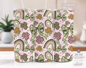 Opakowanie na kubek Coquette St Patricks Day PNG | Różowa kokardka z koniczynką i tęczą | Dziewczęca estetyka szczęścia | Cienka sublimacja 20 uncji