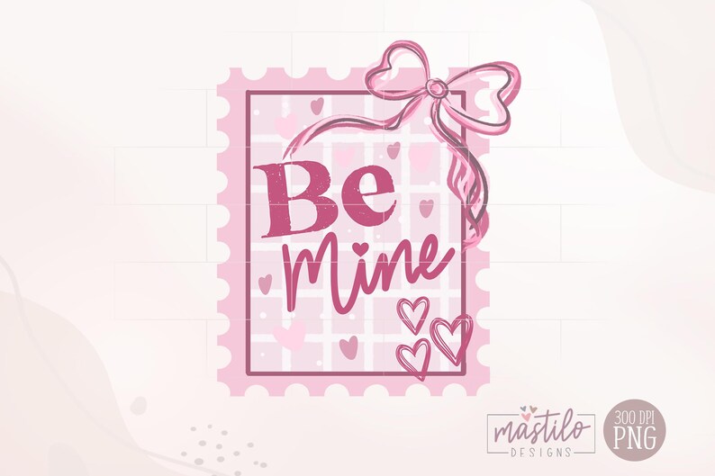 Pu&ograve; includere: Un design rosa e bianco per San Valentino con la forma di un francobollo e le parole "Be Mine" in corsivo. Il design include cuori e un fiocco.