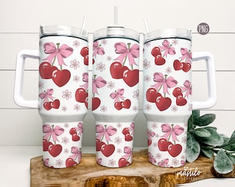 Coquette 40oz Tumbler Wrap, Cherries Pink Bows 40 oz Quencher Tumbler Sublimation Design, Soft Girly Aesthetic Tumbler PNG Hand drawn