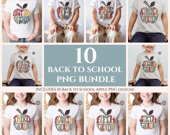 Back to School PNG Bundle, 10 Apple Grade Level Designs, First Day Shirt PNG, Retro Teacher Sublimation,  Preschool to 6th Grade, Hello PreK