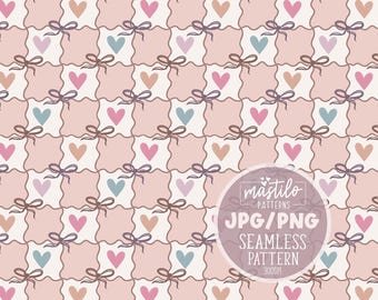 Coquette Heart Checker Seamless Pattern, Pastel Bows, Scrapbook Paper (Digital Download)