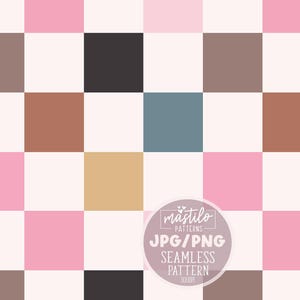 Puede incluir: Un patrón sin costuras con un diseño a cuadros que presenta cuadrados en rosa, marrón, beige, gris y negro.