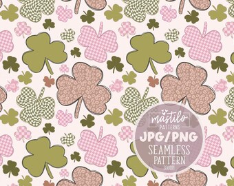 May include: A seamless pattern featuring shamrocks in various styles, including solid olive green, pink checkered, and tan leopard print on a light pink background. A circular overlay displays the text mastilo PATTERNS JPG/PNG SEAMLESS PATTERN 300DPI.