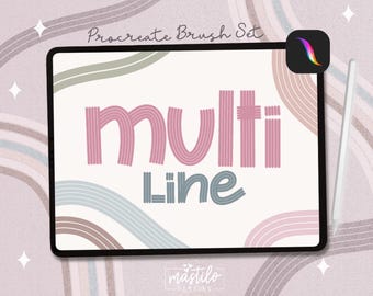 May include: A digital tablet screen displays the text Multi Line in pink and blue, with the words Procreate Brush Set above. The background features curved lines in muted tones, a stylus, and the Procreate app icon in the corner.