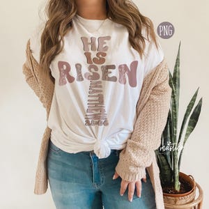 Diseños de sublimación de Pascua, Cruz de Él Resucitado PNG, Cruz Png, Sublimación de Pascua Retro, Boho Easter Png, Diseños de camisetas cristianas de moda PNG