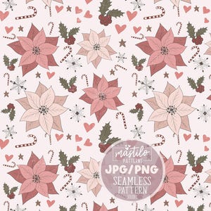Boho Vintage Floral Christmas Seamless Pattern, Boho Christmas Pattern, Christmas Poinsettia Pattern, Christmas Floral Seamless Pattern