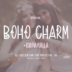May include: A font trio called "Boho Charm" with a decorative heart and leaves. The font includes Cyrillic characters and is described as "All Caps Slim Sans Serif Display Font Trio".