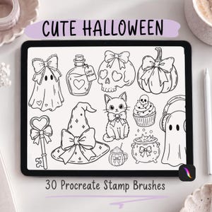 May include: A digital tablet screen displays black and white line art illustrations featuring a ghost with a bow, a love potion bottle, a skull, a pumpkin, a key, a witch hat, a cat, a cupcake, a cauldron, and a ghost with headphones. The text reads CUTE HALLOWEEN and 30 Procreate Stamp Brushes.