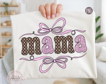 Coquette Mama PNG | Elegancki wzór kokardy i kratki w panterkę | Dziewczęca, estetyczna grafika dla mamy | Sublimacja na Dzień Matki