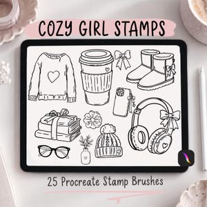 May include: A digital tablet screen displays black and white line art illustrations labeled COZY GIRL STAMPS and 25 Procreate Stamp Brushes. The graphics include a sweater, coffee cup, bow, boots, phone, books, scrunchie, hat, glasses, and headphones.
