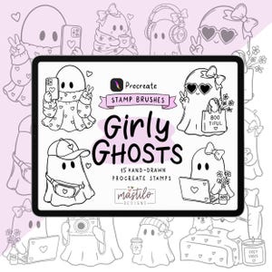 May include: A digital tablet screen displaying a set of 15 hand-drawn Procreate stamp brushes titled Girly Ghosts. The graphic features black line art of ghosts with accessories like bows, sunglasses, laptops, and bags, with the text Mastilo Designs.