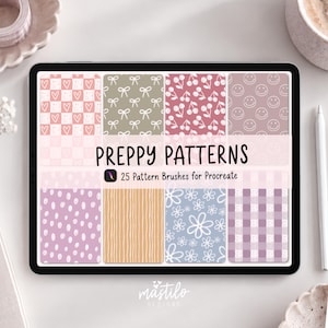 May include: A tablet screen displaying a digital collection titled PREPPY PATTERNS 25 Pattern Brushes for Procreate. The screen shows eight rectangular tiles featuring various designs including hearts, bows, cherries, smiley faces, dots, stripes, flowers, and plaid in muted pink, green, blue, and tan tones.