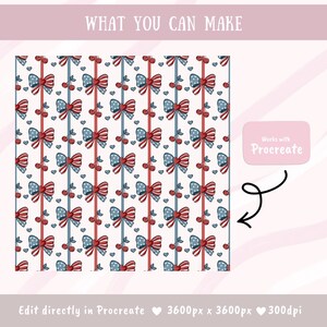 May include: A digital pattern featuring repeating red, white, and blue bows, cherries, and small hearts on a white background with vertical stripes. The text reads WHAT YOU CAN MAKE, Works with Procreate, and Edit directly in Procreate 3600px x 3600px 300dpi.