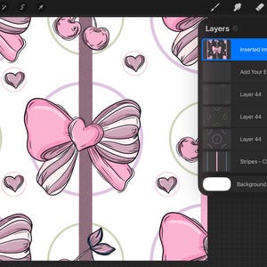 May include: A digital illustration interface showing a pattern design with pink bows, hearts, and cherries on a white background. The interface includes a layers panel on the right side with labels such as inserted image, add your elements, and background colour.